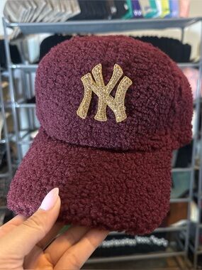 Burgundy Sherpa Baseball Cap with Gold NY New York Rhinestone Emblem